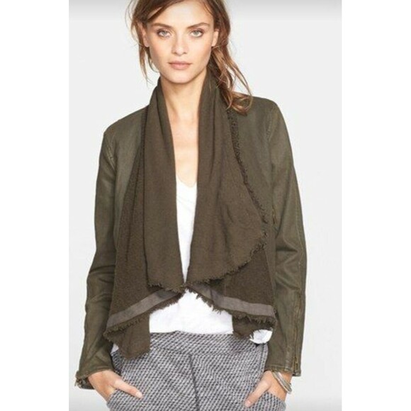 Free People Boho Coated Drape Front Moto Jacket Olive Size 8 - Picture 1 of 7